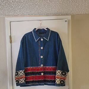 Colorful Denim Jacket with Patterned Trim